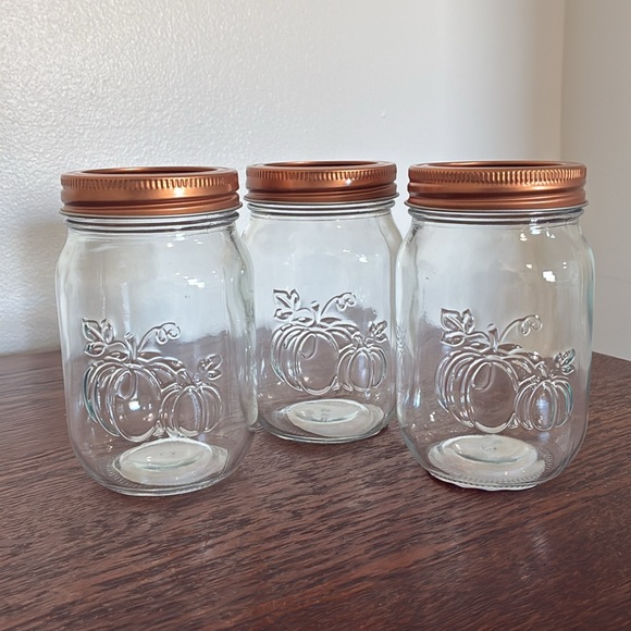 NWT- Set of 3 Clear Glass Embossed Pumpkin Canning Jars with Pumpkin Copper Lids - Picture 10 of 17